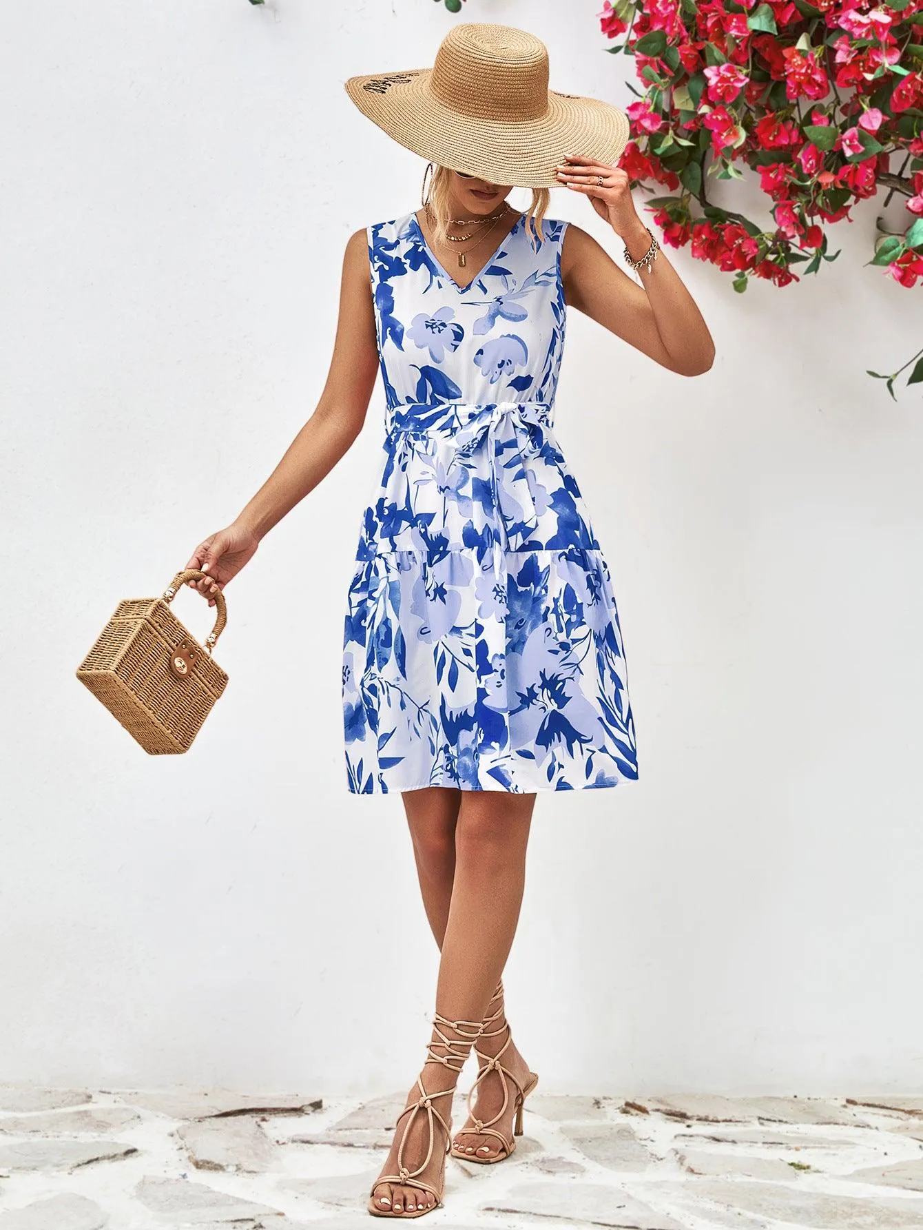 Hazel Blues® |  Floral V-Neck Tie Waist Sleeveless Dress