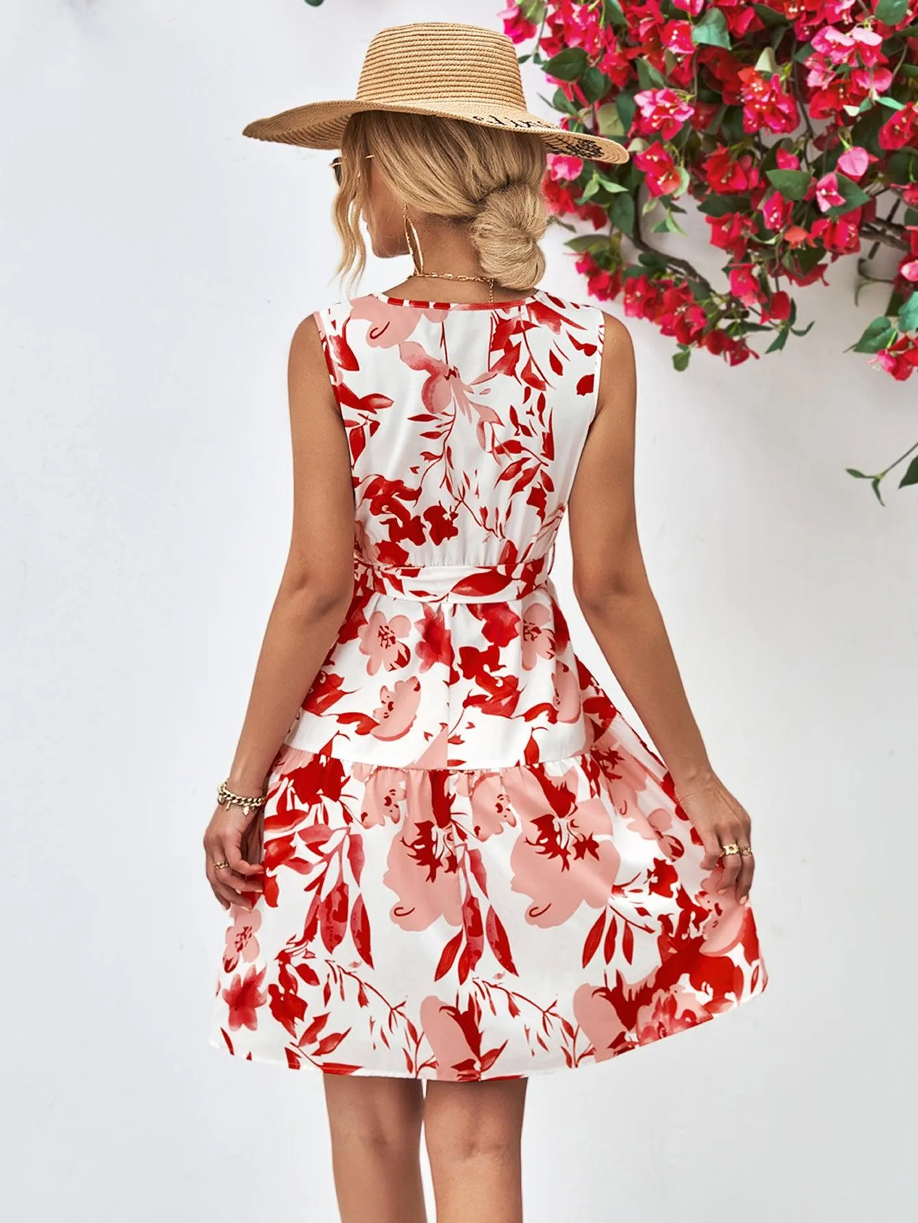 Hazel Blues® |  Floral V-Neck Tie Waist Sleeveless Dress