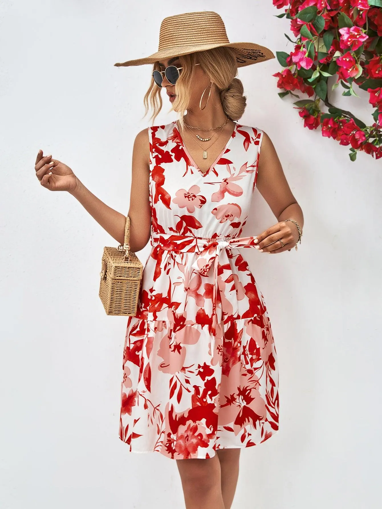 Hazel Blues® |  Floral V-Neck Tie Waist Sleeveless Dress