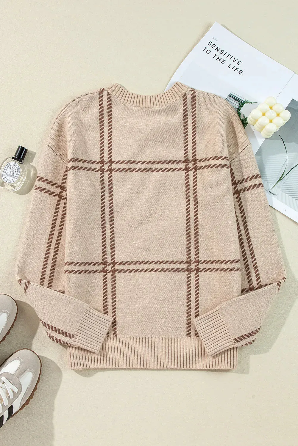 Hazel Blues® |  Plaid Round Neck Dropped Shoulder Sweater