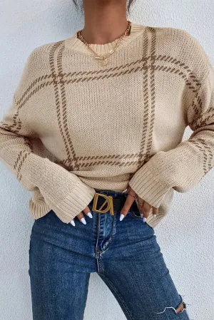Hazel Blues® |  Plaid Round Neck Dropped Shoulder Sweater