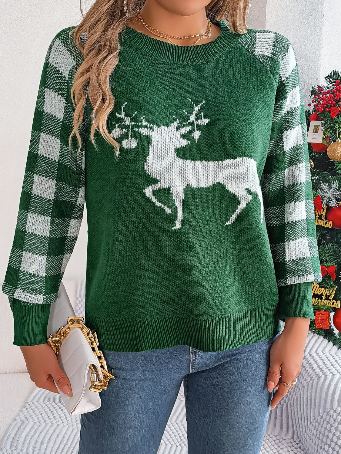 Hazel Blues® |  Reindeer Plaid Round Neck Long Sleeve Sweater