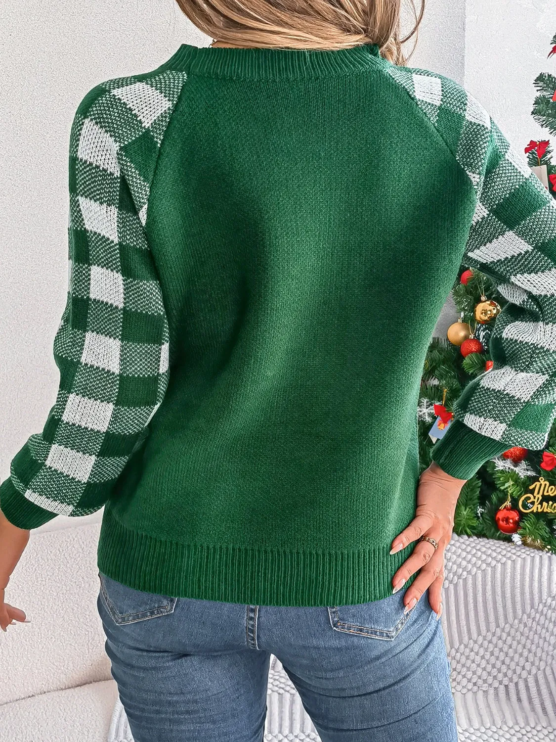 Hazel Blues® |  Reindeer Plaid Round Neck Long Sleeve Sweater