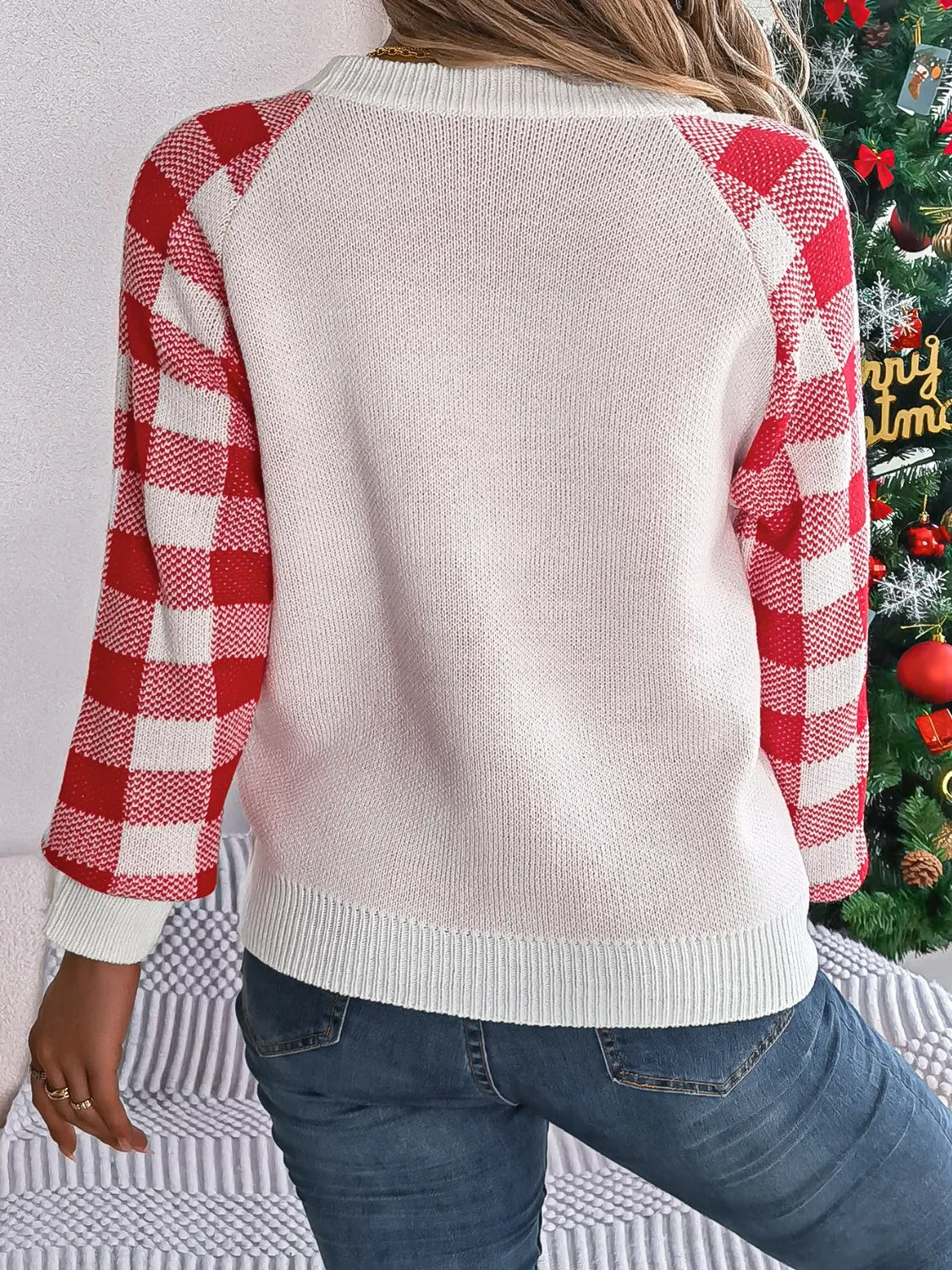 Hazel Blues® |  Reindeer Plaid Round Neck Long Sleeve Sweater