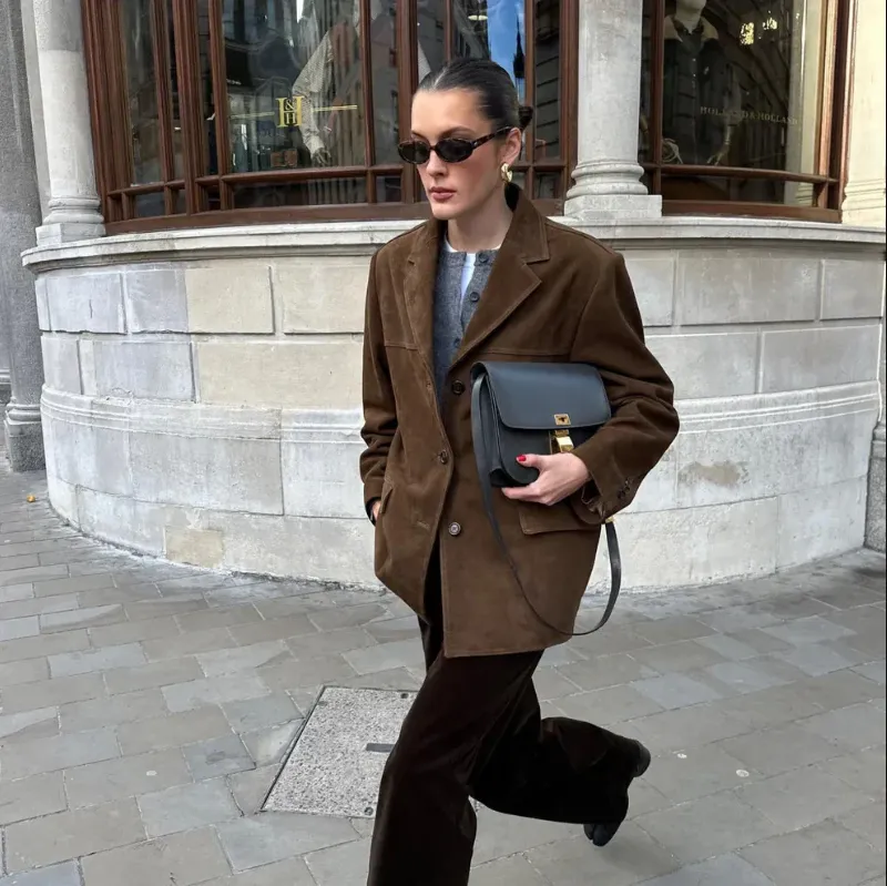 Hedi - oversized suede long coat with turned down collar
