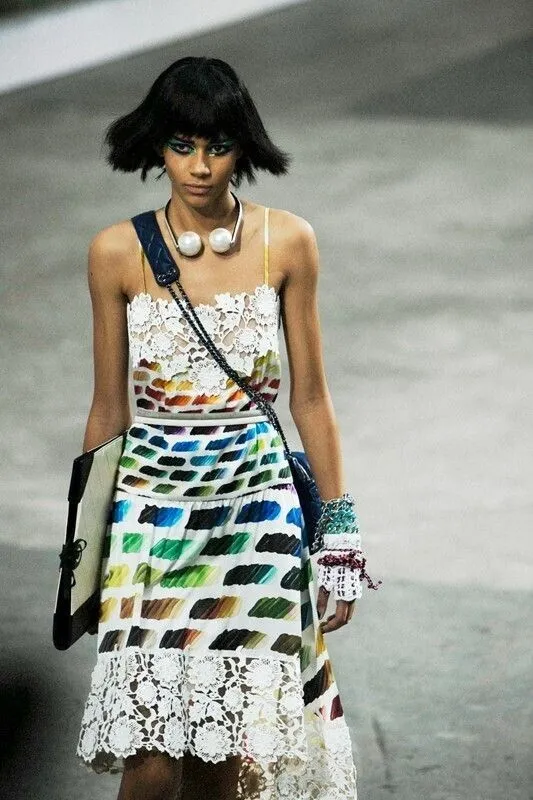 Highly Documented Spring 2014 Chanel by Karl Lagerfeld Runway Rainbow Print & Lace Dress