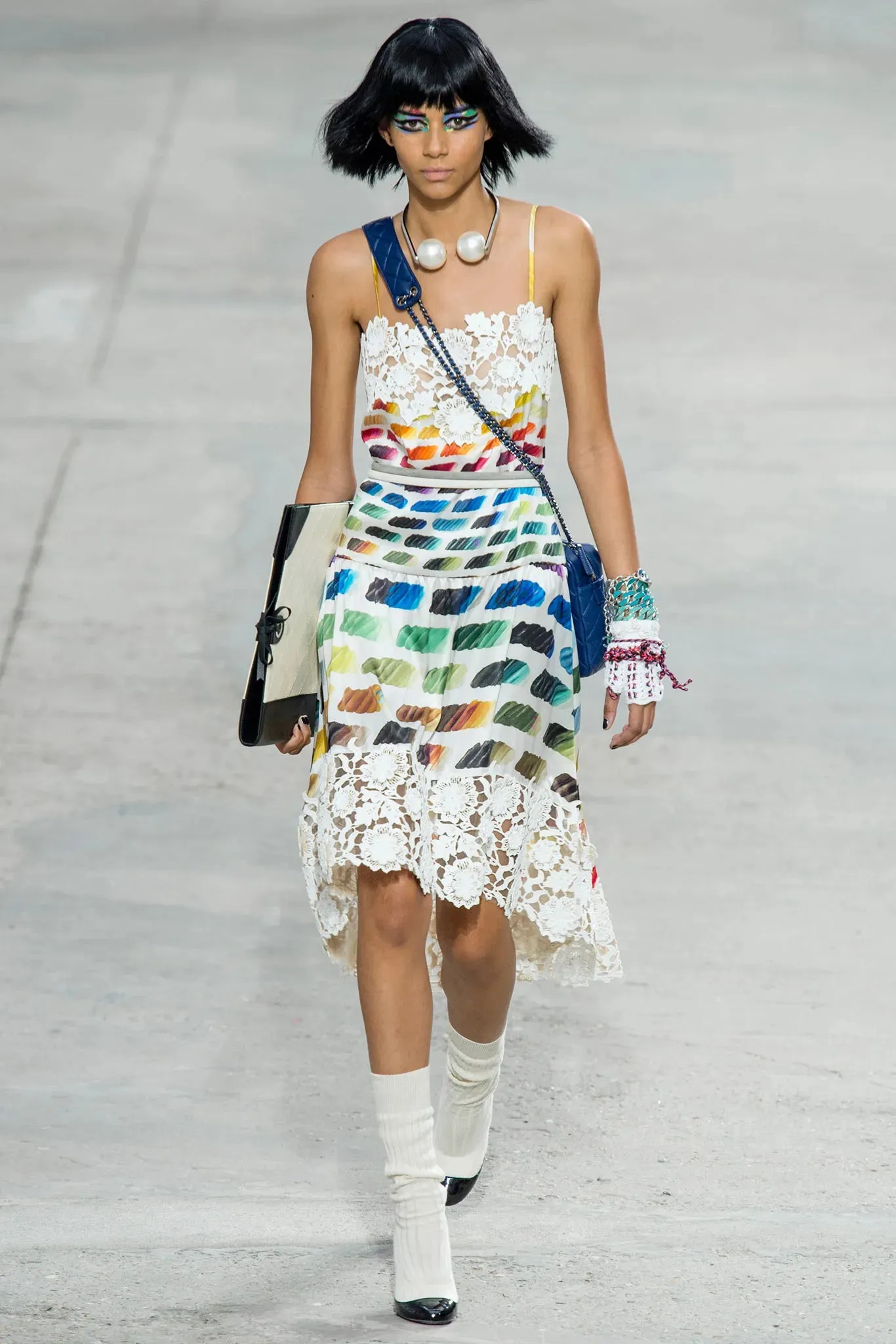 Highly Documented Spring 2014 Chanel by Karl Lagerfeld Runway Rainbow Print & Lace Dress