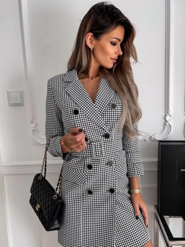 Houndstooth Double-Breasted Mini Dress with Belted Waist