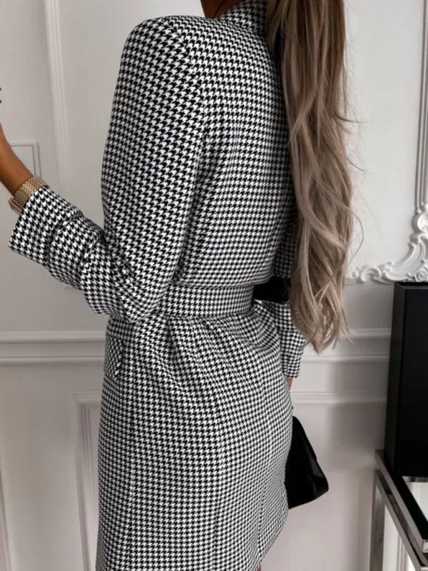 Houndstooth Double-Breasted Mini Dress with Belted Waist