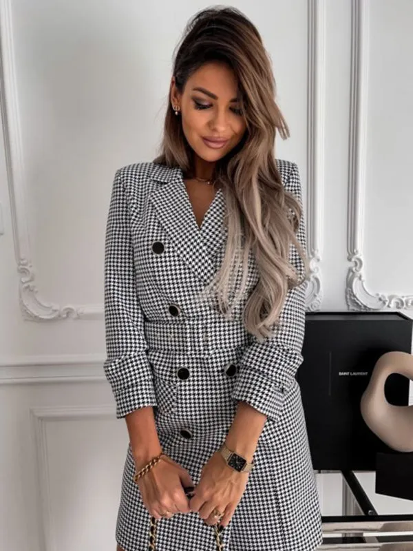 Houndstooth Double-Breasted Mini Dress with Belted Waist