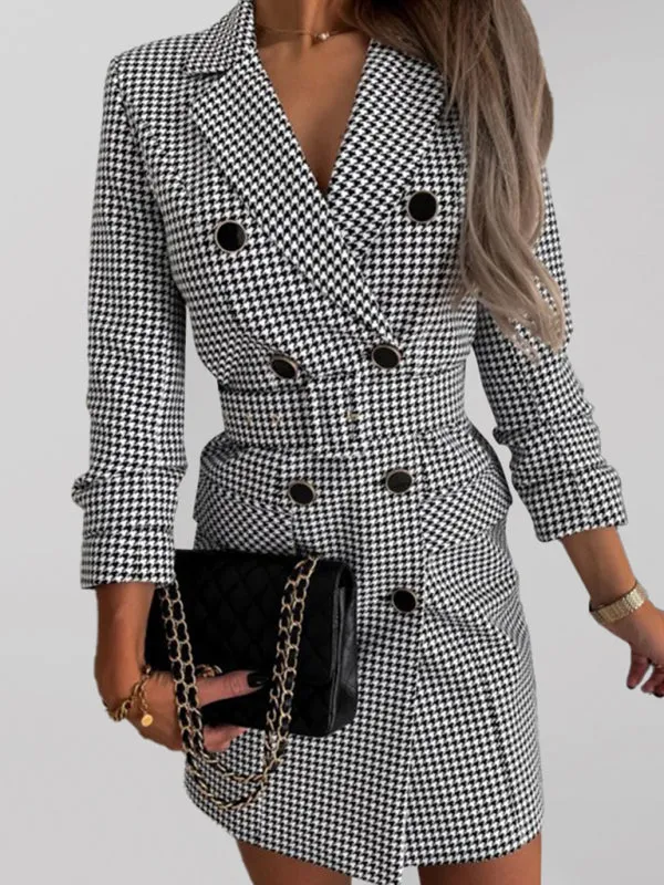 Houndstooth Double-Breasted Mini Dress with Belted Waist