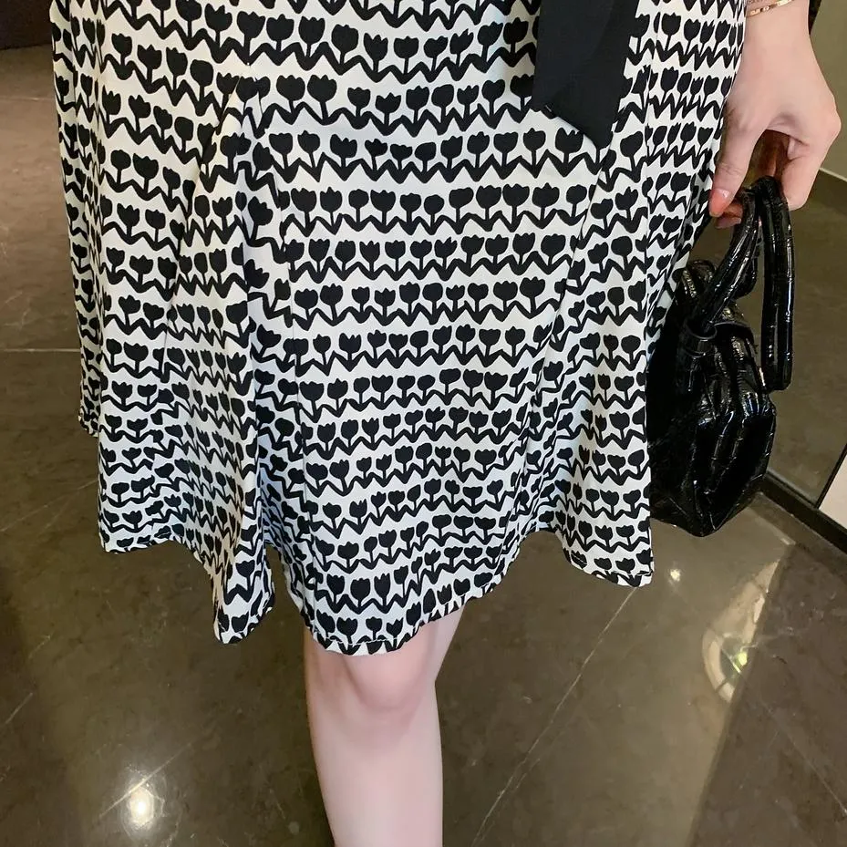 Houndstooth Printed French Mid-Length Chiffon Dress