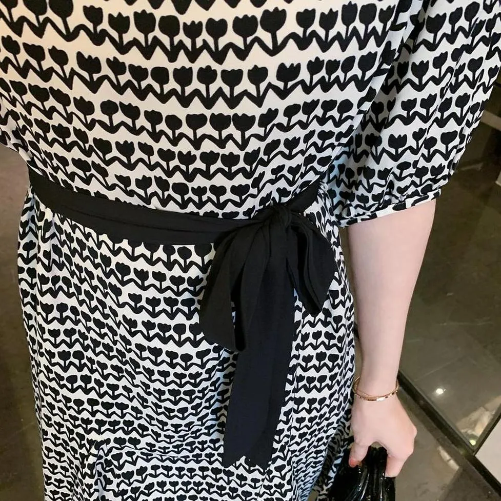Houndstooth Printed French Mid-Length Chiffon Dress