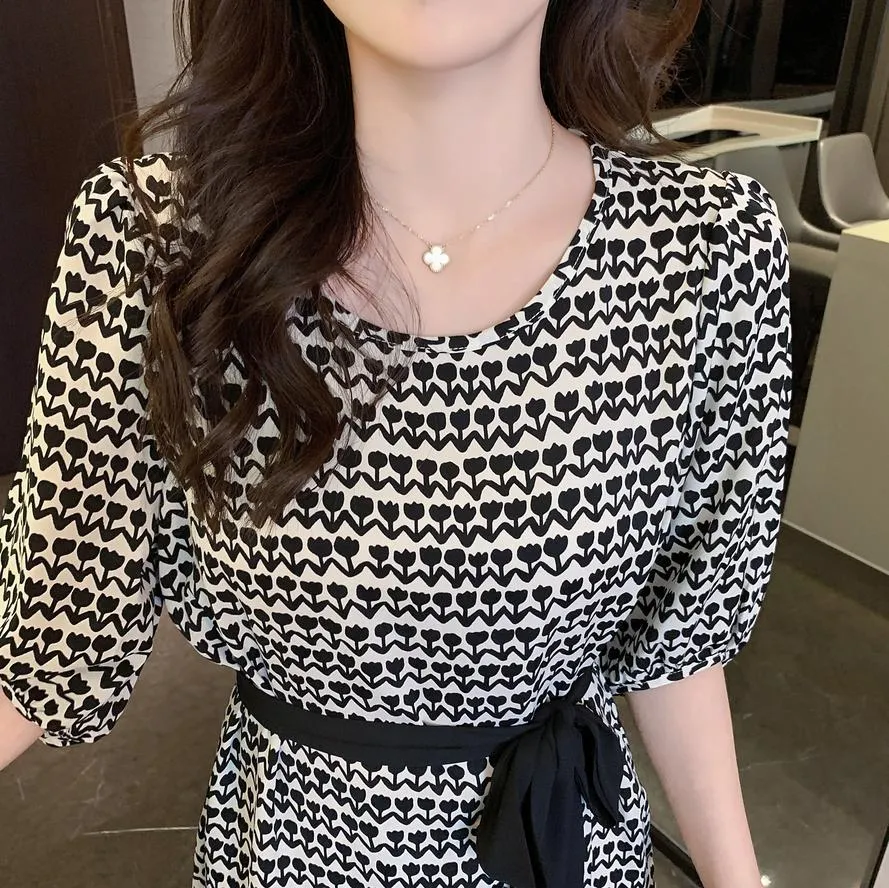 Houndstooth Printed French Mid-Length Chiffon Dress