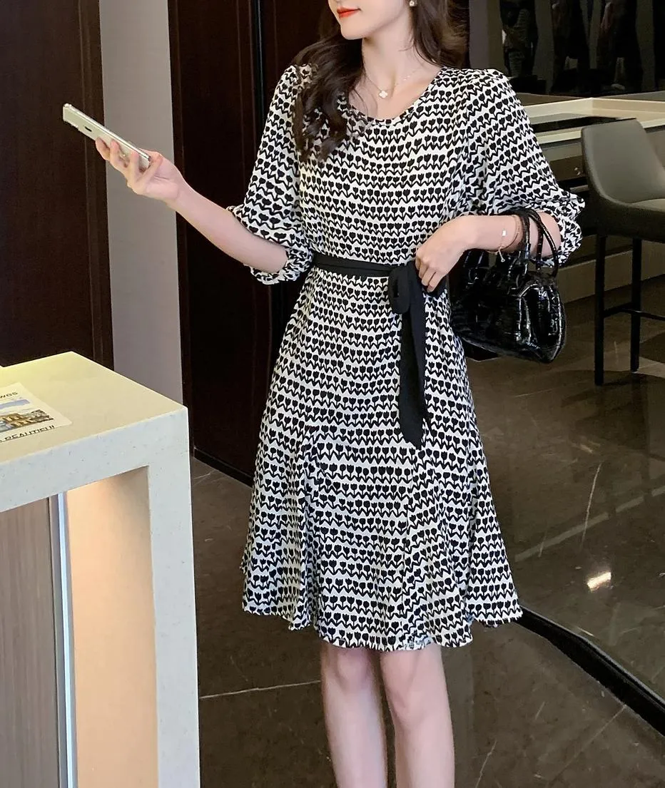 Houndstooth Printed French Mid-Length Chiffon Dress