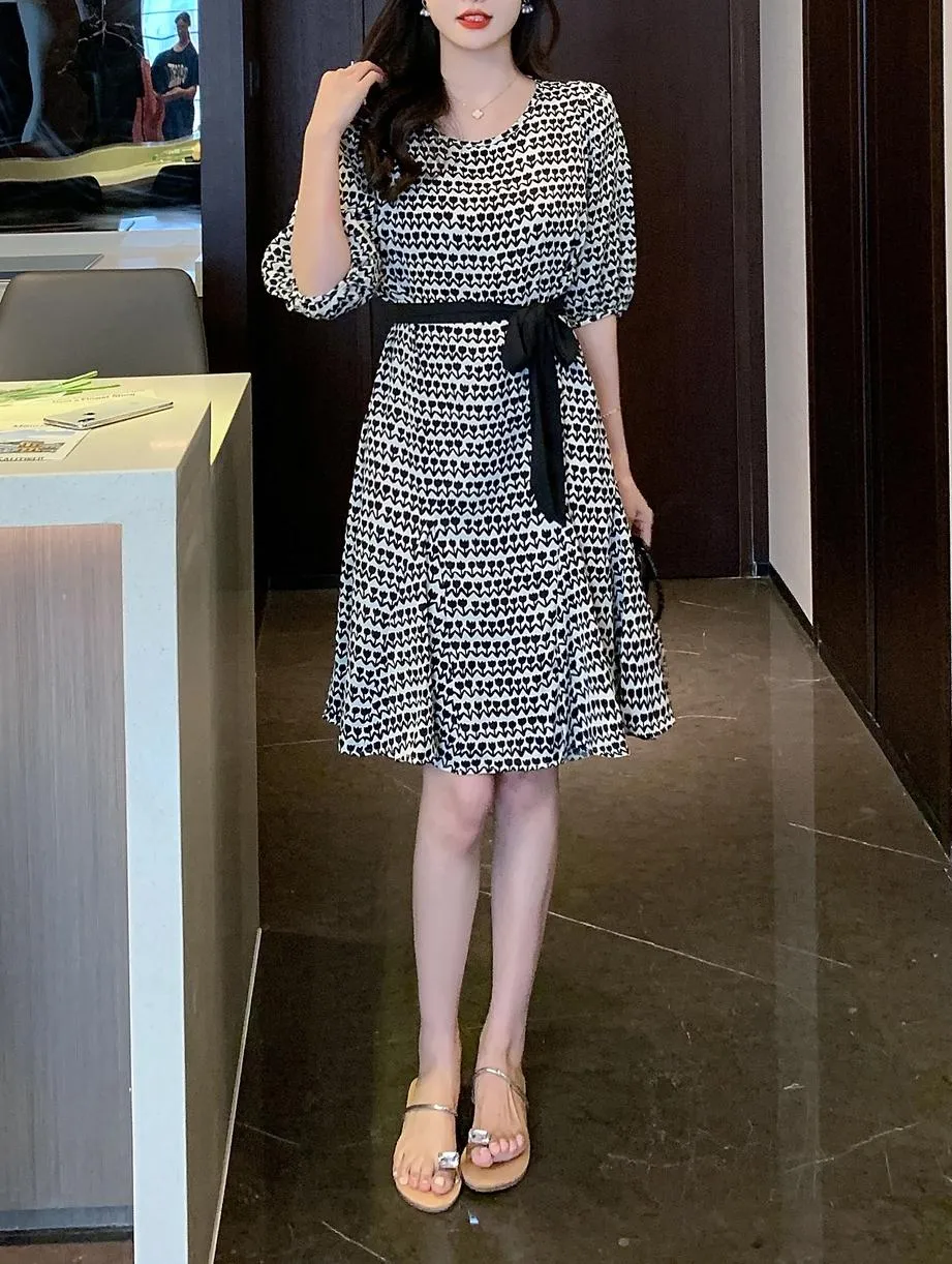 Houndstooth Printed French Mid-Length Chiffon Dress