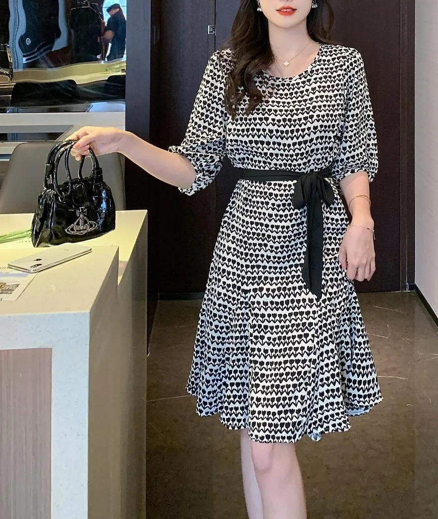 Houndstooth Printed French Mid-Length Chiffon Dress