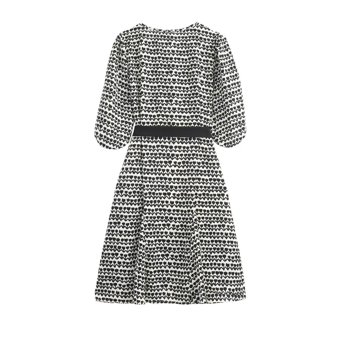 Houndstooth Printed French Mid-Length Chiffon Dress