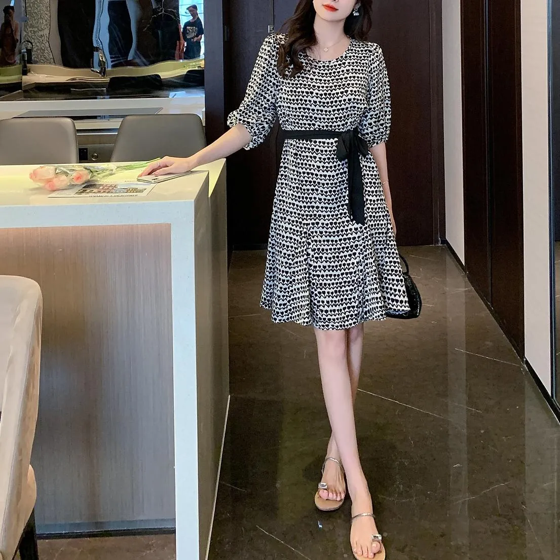 Houndstooth Printed French Mid-Length Chiffon Dress