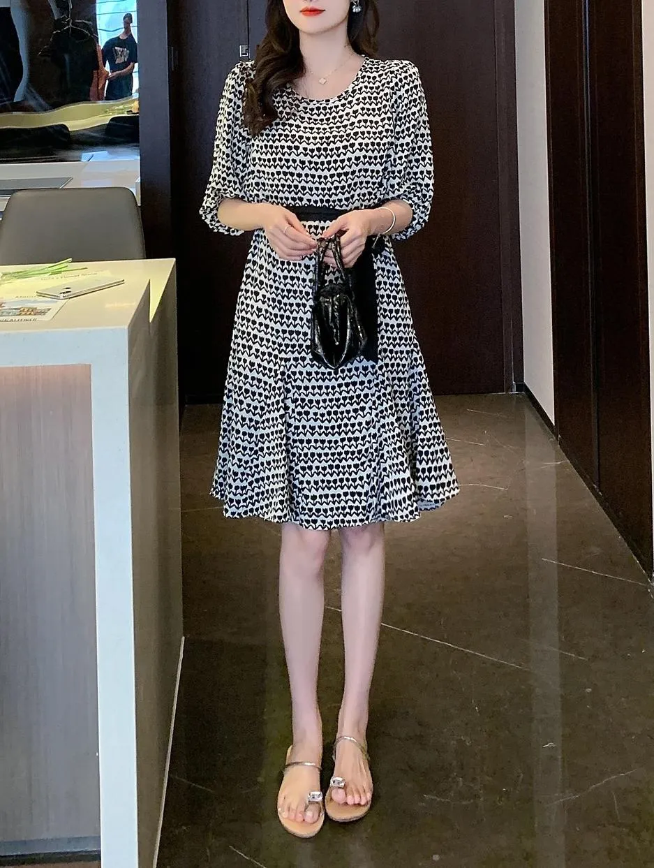 Houndstooth Printed French Mid-Length Chiffon Dress
