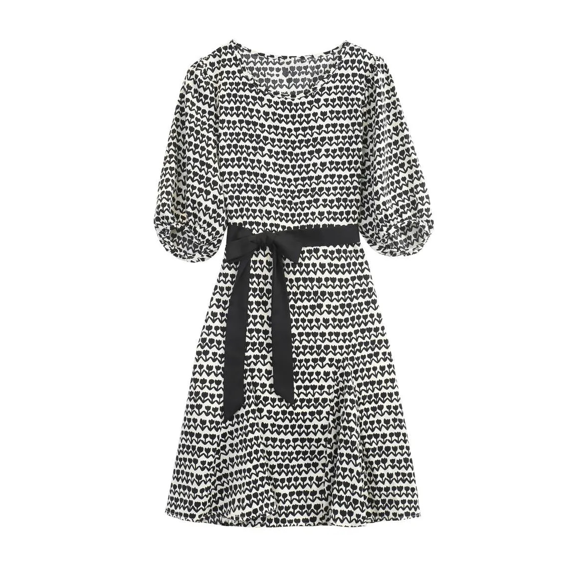 Houndstooth Printed French Mid-Length Chiffon Dress