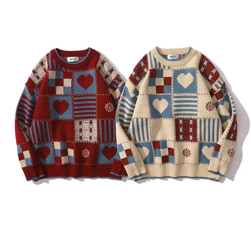 Japanese Retro Plaid Round Neck Sweater