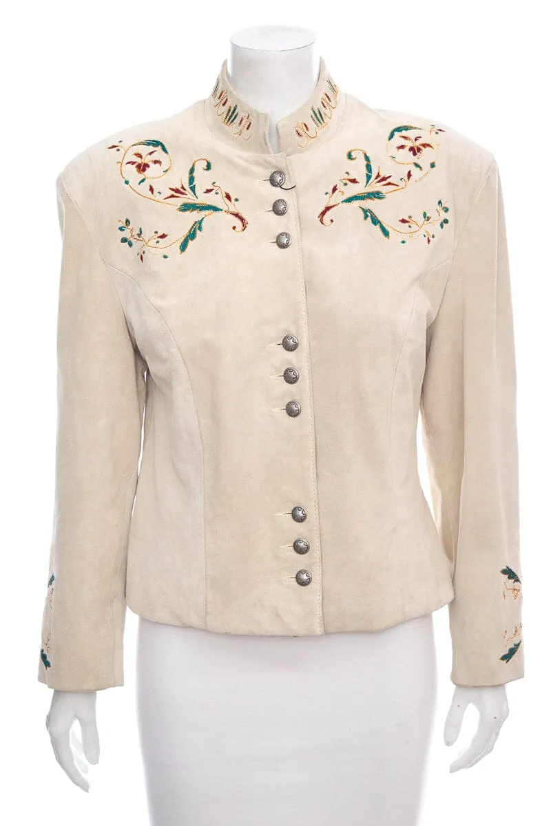 Josie Fuis Beige Suede Embroidered Jacket SZ S