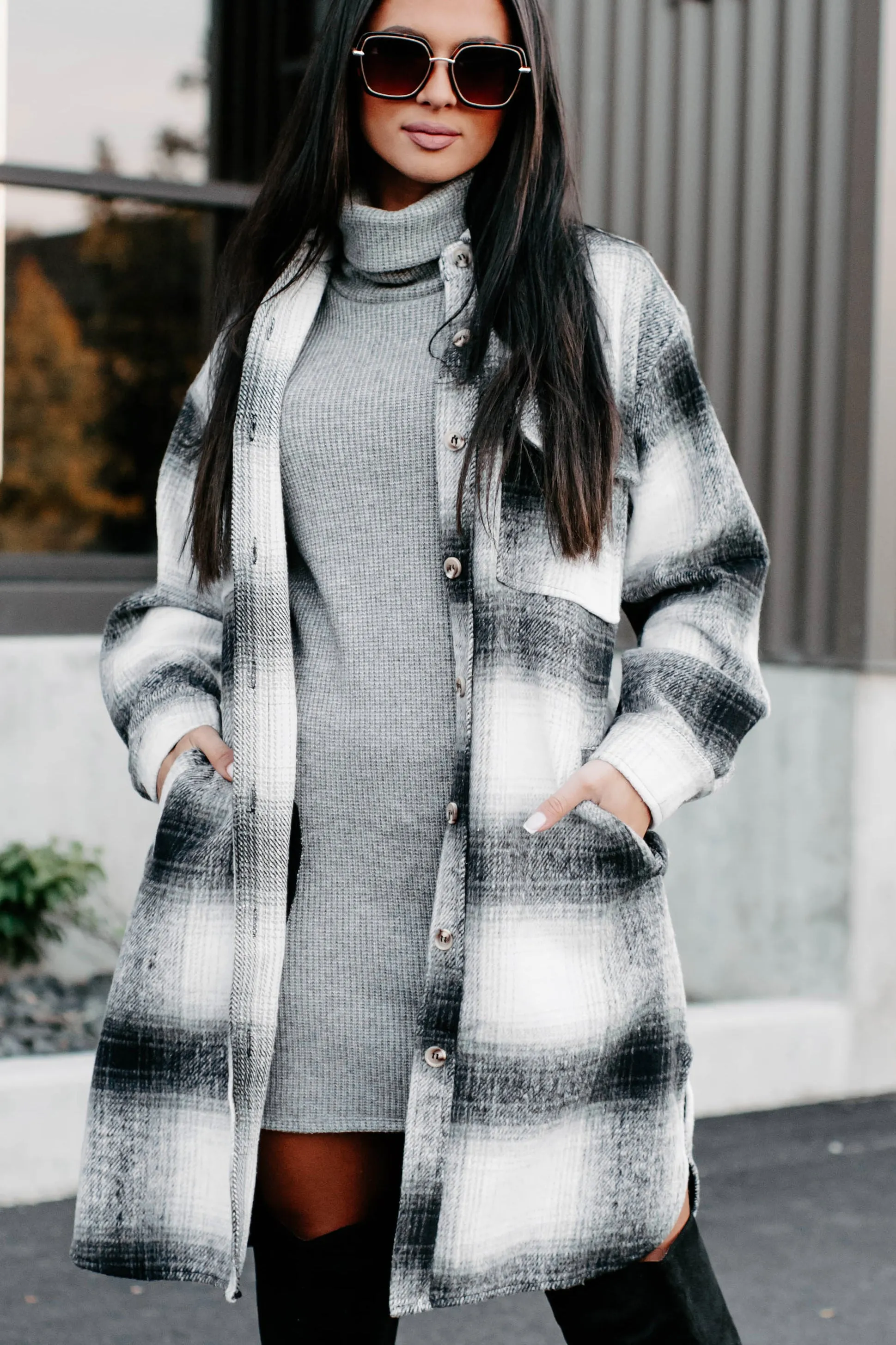 Just Be Sure Long Plaid Shacket (Black/Grey/White)