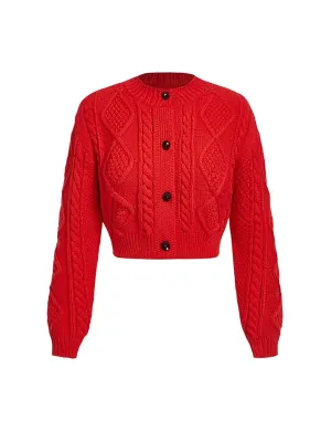 Kaitlin Cable Knit Cropped Cardigan Sweater in Red