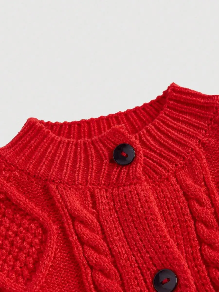 Kaitlin Cable Knit Cropped Cardigan Sweater in Red