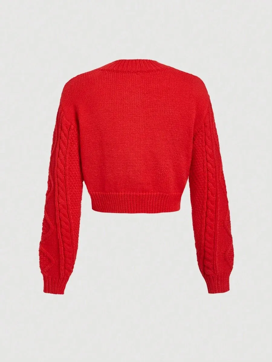 Kaitlin Cable Knit Cropped Cardigan Sweater in Red