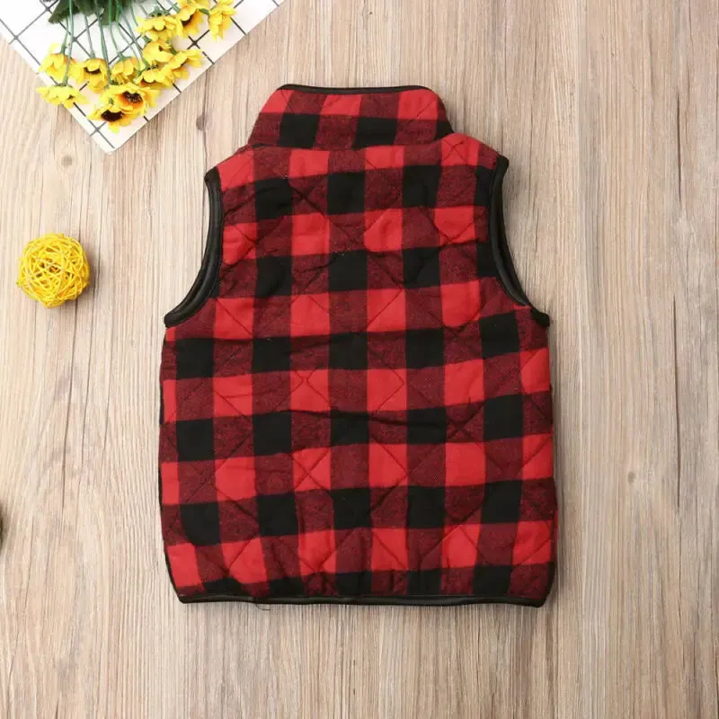 Kids Girl Plaid Cotton Vests Winter Warm Jacket Waistcoat Baby Zipper Coat Fall Outwear