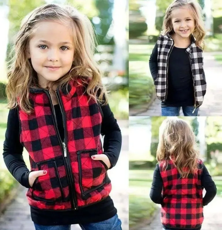 Kids Girl Plaid Cotton Vests Winter Warm Jacket Waistcoat Baby Zipper Coat Fall Outwear
