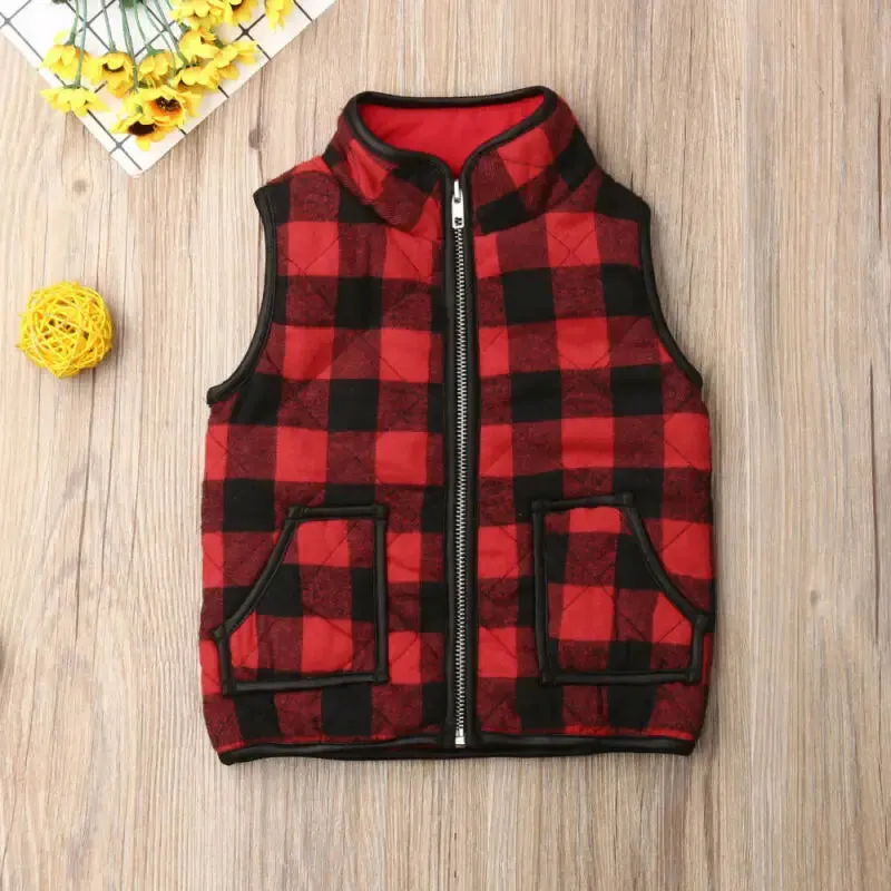 Kids Girl Plaid Cotton Vests Winter Warm Jacket Waistcoat Baby Zipper Coat Fall Outwear