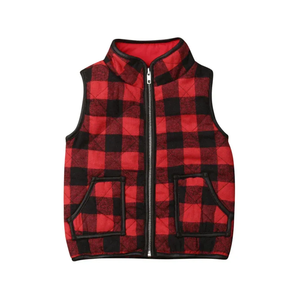Kids Girl Plaid Cotton Vests Winter Warm Jacket Waistcoat Baby Zipper Coat Fall Outwear