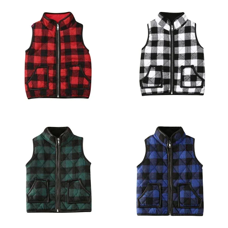 Kids Girl Plaid Cotton Vests Winter Warm Jacket Waistcoat Baby Zipper Coat Fall Outwear