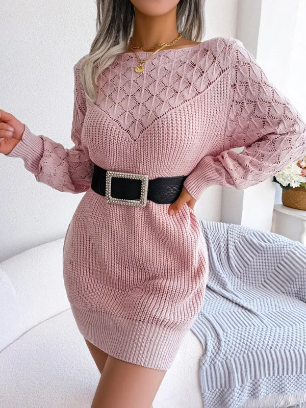 Knit Sweater Dress with Hollow-Out Design and Belted Waist