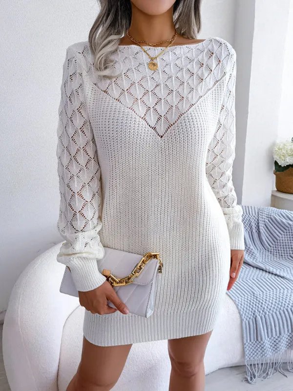 Knit Sweater Dress with Hollow-Out Design and Belted Waist