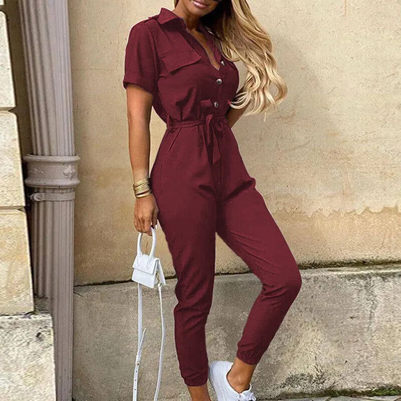 Kuroha® | Short Sleeve Belted Jumpsuit For Women