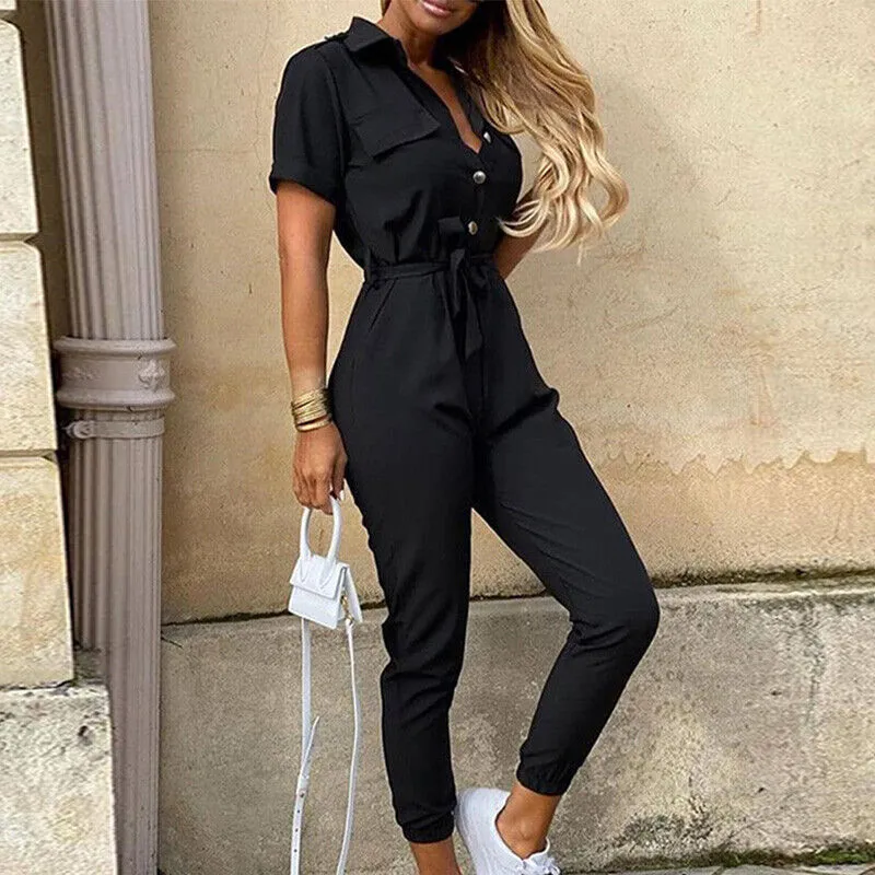 Kuroha® | Short Sleeve Belted Jumpsuit For Women