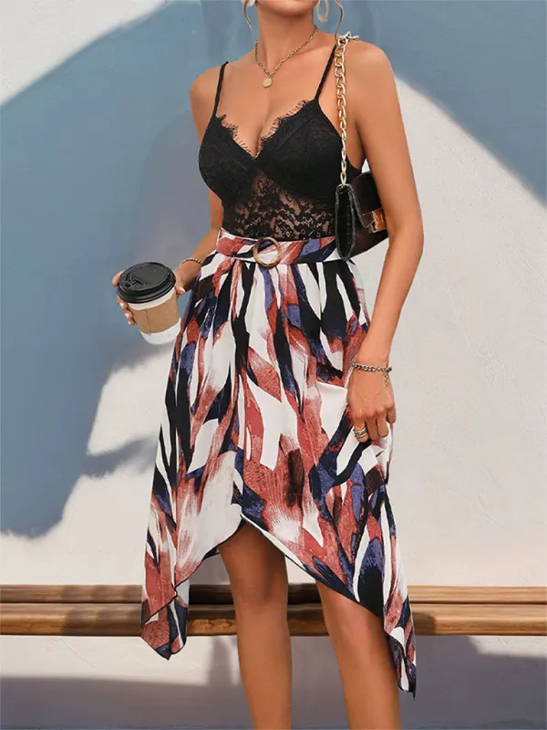 Lace Bodice V-neck Dress with Asymmetrical Hem and Belted Waist