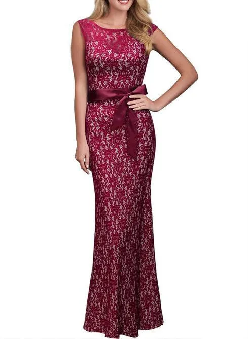 Lace Pinup Mermaid Maxi Dress Summer Women Belted Backless Sleeveless Long Party Dresses Plus Size Vestido De Renda