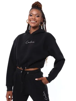 Ladies Couture Corduroy Hem Hoody Pullover - Black