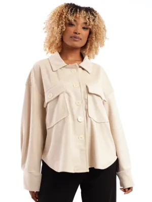 Ladies Suede Twill Shacket With Fancy Buttons - Cream