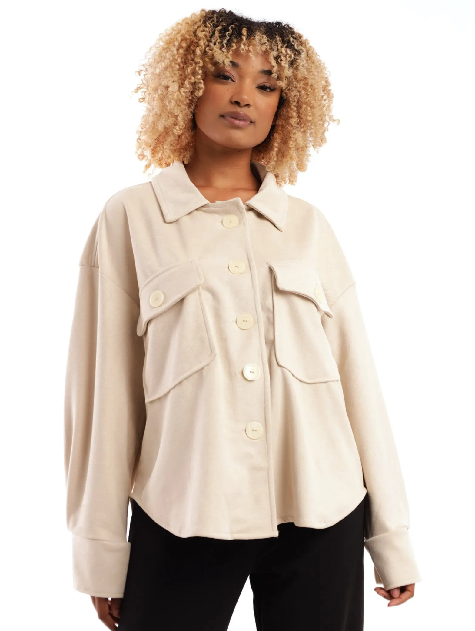 Ladies Suede Twill Shacket With Fancy Buttons - Cream