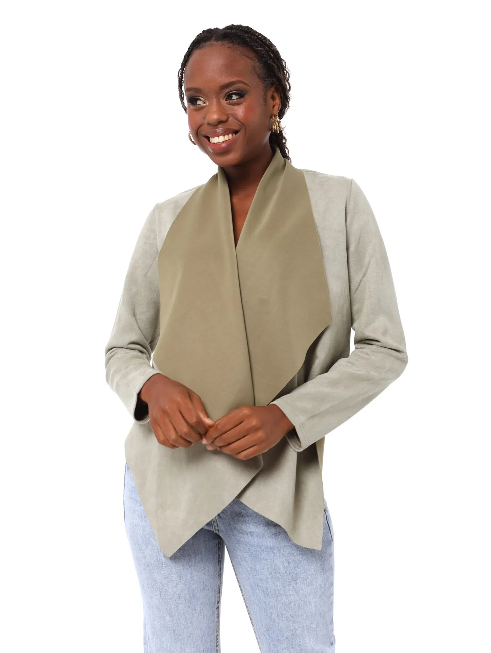Ladies Suede Waterfall Jacket - Light Fatigue