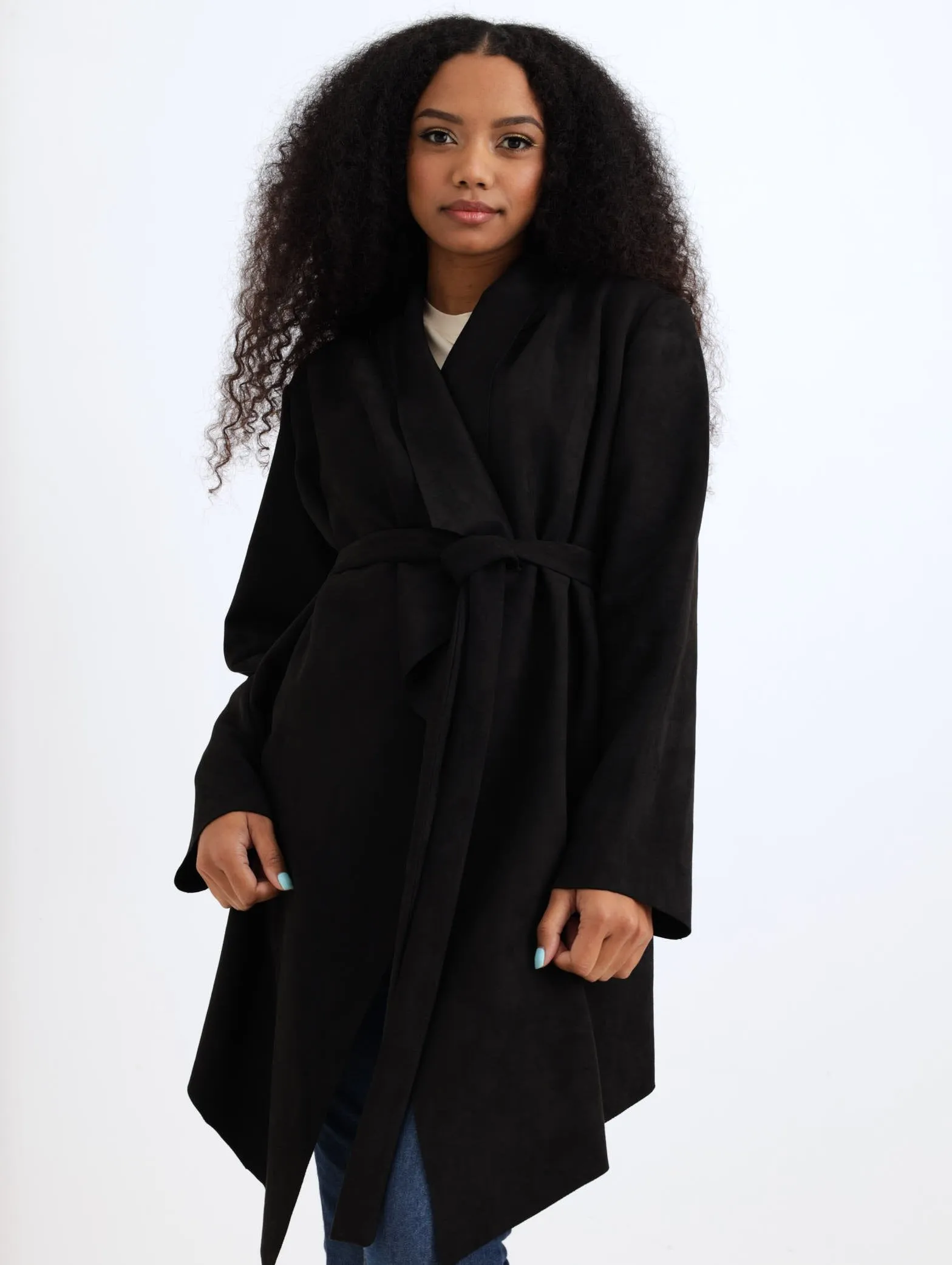 Ladies Tie Belt Suede Waterfall Jacket - Black