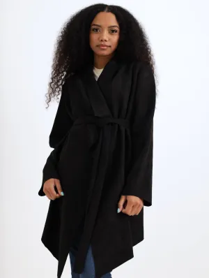 Ladies Tie Belt Suede Waterfall Jacket - Black