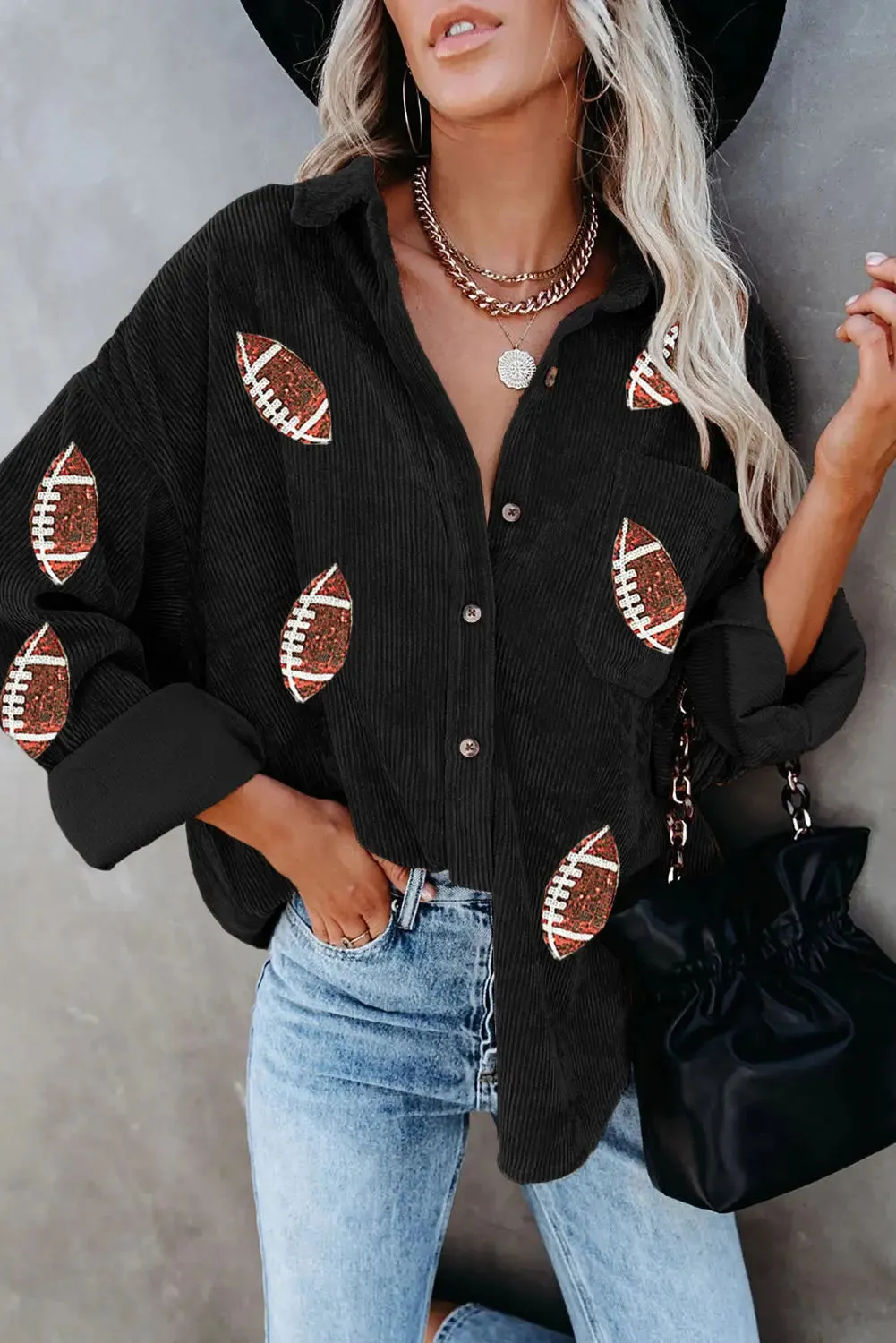 'Lainey' Sequin Corduroy Football Jacket