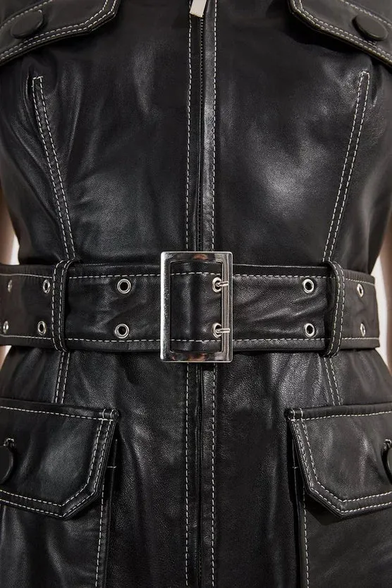 Leather Contrast Stitch Belted Sleeveless Midi Dress
